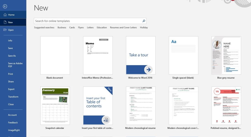 Screenshot of the new document screen in microsoft office